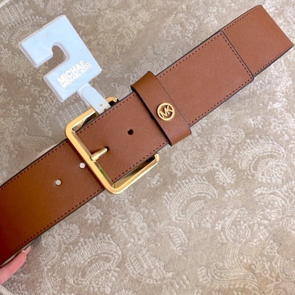 Brand New Michael Kors Genuine Leather Wide Strap Belt Elastic Stretch Cognac - Picture 2 of 15